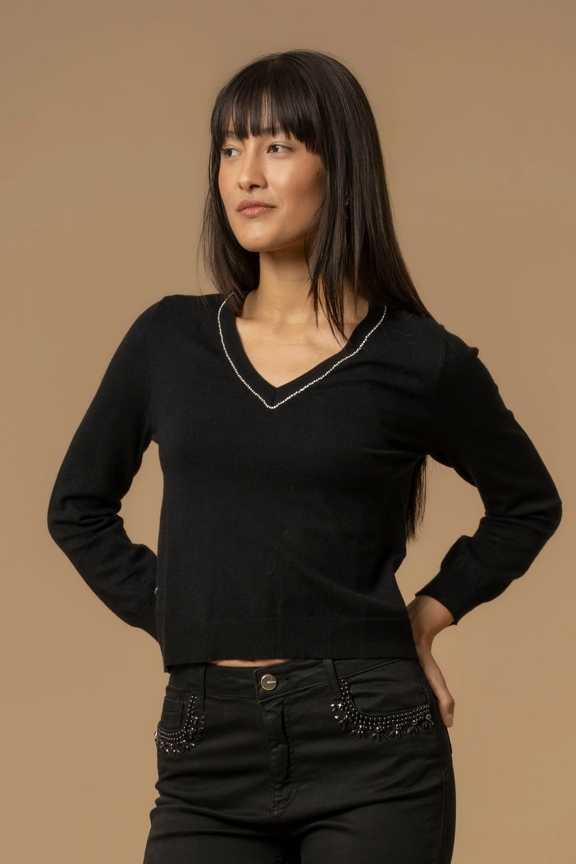 Maglia con scollo a V e strass - Maglia M/L Jorinda - Image 6